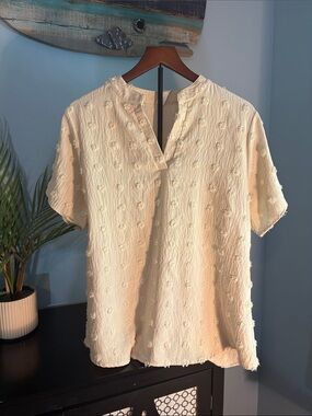 Cream Textured Short Sleeve Split-Neck Blouse